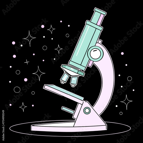 Microscope with glowing outline against black background and stars  