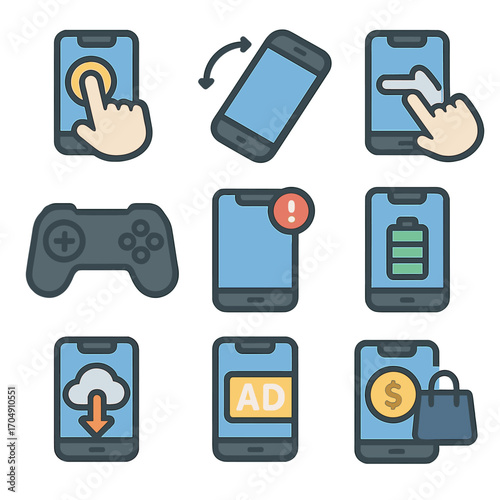 Mobile Gaming Icons. Flat icon set of mobile gaming: touchscreen tap, tilt phone, swipe gesture, mobile