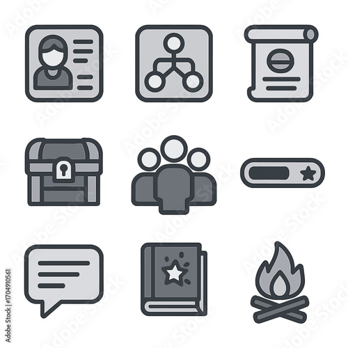 RPG Icon Set. Flat icon set of RPG features: character stats, skill tree, quest scroll, inventory chest, party