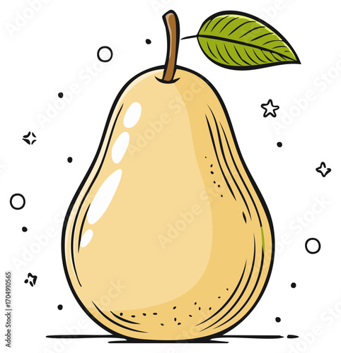 Whimsical hand drawn yellow pear with a green leaf and brown stem fruit illustration