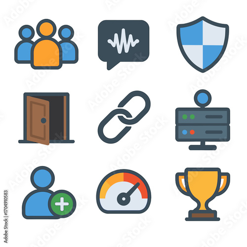 Multiplayer Feature Icons. Flat icon set of multiplayer features: group icon, voice chat, team shield, lobby