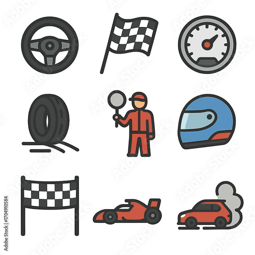 Racing Icons Set. Flat icon set of racing games: racing wheel, checkered flag, speedometer, tire skid, pit
