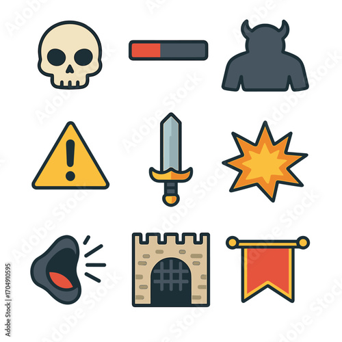 Boss Fight Icon Set. Flat icon set of boss fights: giant skull, health bar, boss silhouette, warning sign,