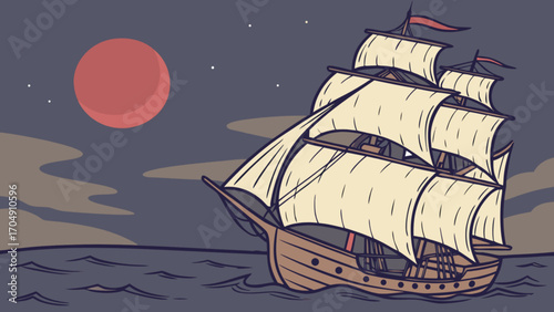 Vintage sailing ship at night illustration with red moon and stars ocean adventure travel art