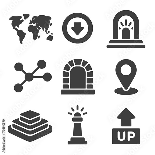 Map Icon Collection. Flat icon set of maps & levels: world map, level icon, portal gate, pathway nodes,
