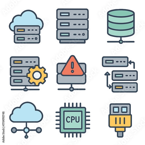 Server Technology Icons. Flat icon set of server technology: cloud server, rack server, database stack, server