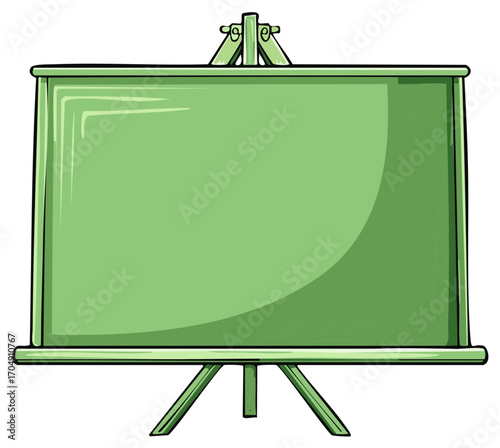 Blank green classroom blackboard or presentation screen on a tripod stand cartoon style illustration