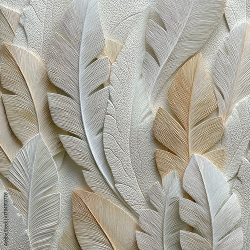 Beige and cream sculpted feather/leaf pattern