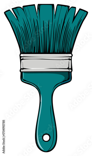 Teal Paintbrush with Black Outlines: Illustration of Painting Tool, Isolated on White