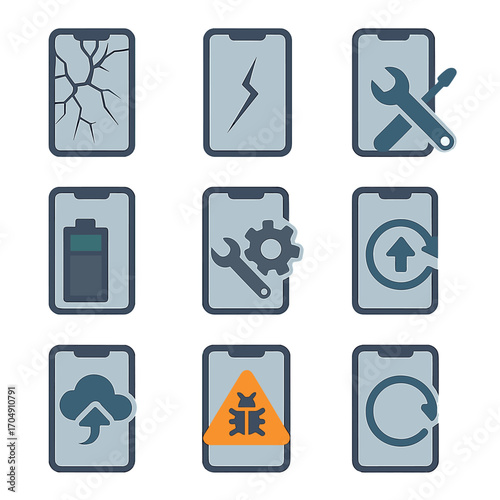 Digital Device Repair Icons. Flat icon set of digital device repair: broken screen, cracked display, device