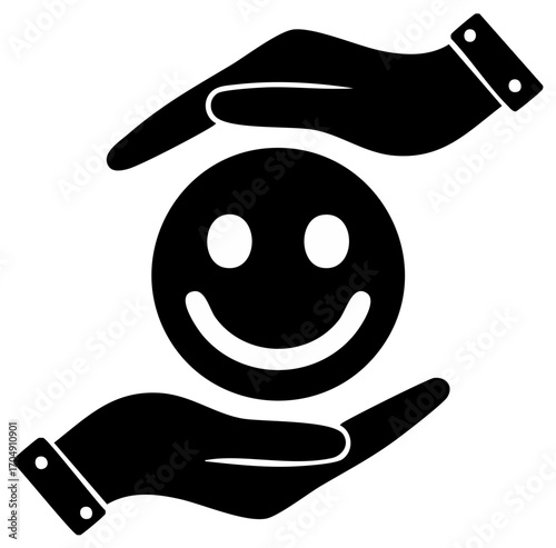 Protecting Happiness: Icon of Smiling Face Being Tenderly Held by Two Hands, Security, and Safety