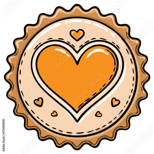 Illustrated soda bottle cap with a cute orange heart design for love and romance