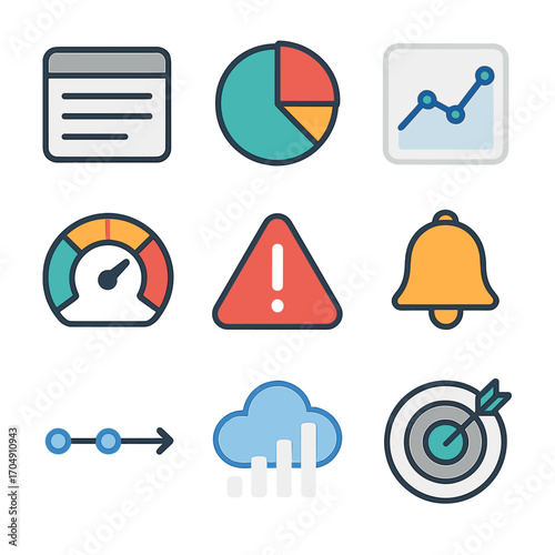 Tech Dashboard Icons. Flat icon set of tech dashboard elements: widget box, pie chart, graph line, gauge dial,