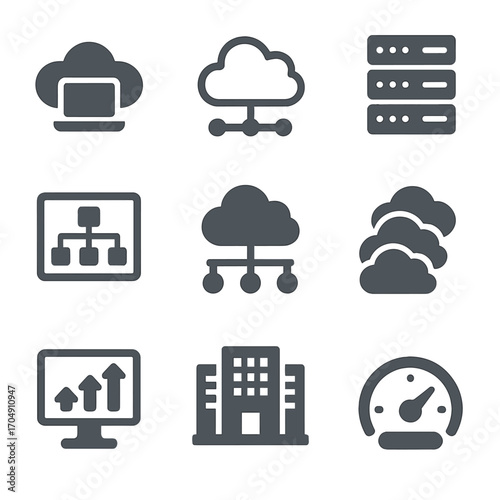 Cloud Infrastructure Icons. Flat icon set of cloud infrastructure: cloud instance, cloud node, server rack,