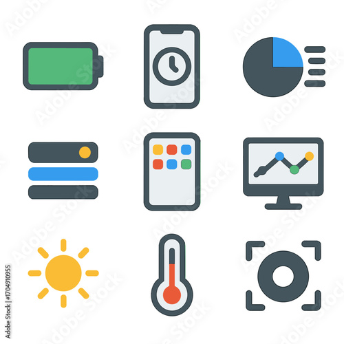 Device Usage Icons. Flat icon set of device usage icons: battery full, screen time, usage history, storage