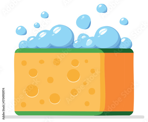 Cartoon yellow cleaning sponge with overflowing blue soap suds and floating bubbles illustration