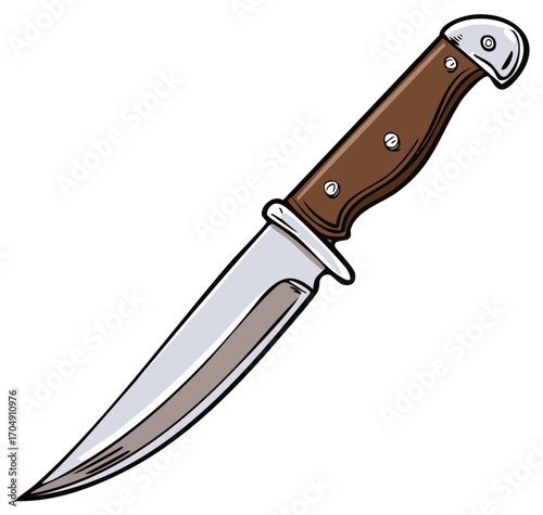 Sharp classic hunting knife with a brown wood handle and shiny steel blade cartoon vector illustration