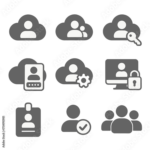 Cloud User Icon Set. Flat icon set of cloud user accounts: profile cloud, group cloud, user access, login icon