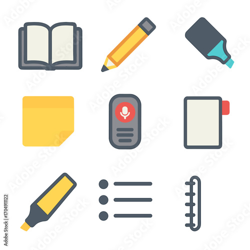 Note-Taking Icon Set. Flat icon set of note taking: open book, pencil, highlighter, sticky note pad, voice