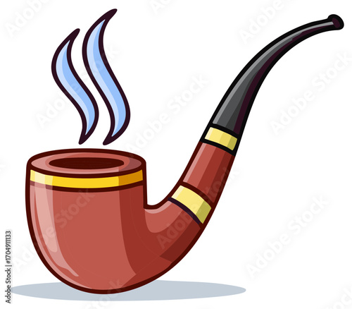 Classic Smoking Pipe with Wisp of Blue Smoke and Decorative Gold Bands