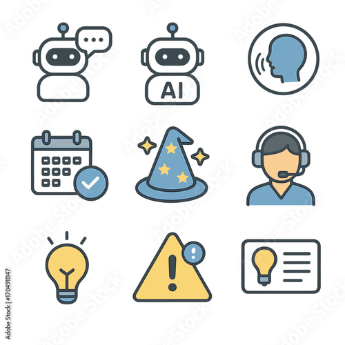 Virtual Assistance Icons. Flat icon set of virtual assistance: chatbot, AI bot, voice command, calendar