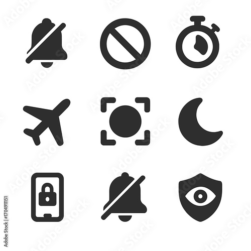 Distraction Blockers Icons. Flat icon set of distraction blockers: mute bell, block sign, break timer,