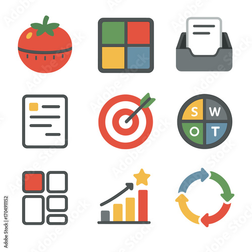 Productivity Framework Icons. Flat icon set of productivity frameworks: Pomodoro timer, Eisenhower matrix, GTD