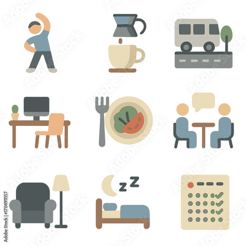 Daily Routine Icons. Flat icon set of daily routines: morning exercise, coffee brew, commute icon, work desk,