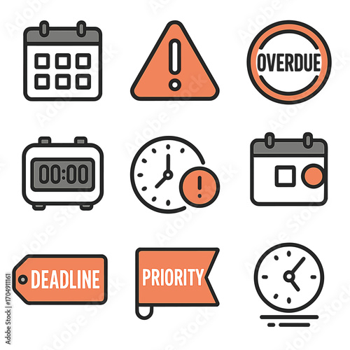 Deadline Tracking Icons. Flat icon set of deadline tracking: calendar date, warning triangle, overdue stamp,