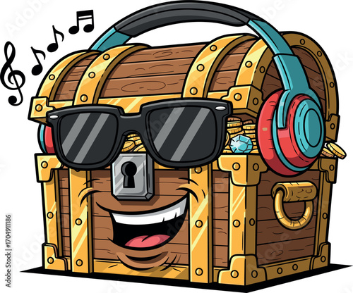 Cartoon treasure chest overflowing with gold coins and jewels surrounded by sea creatures