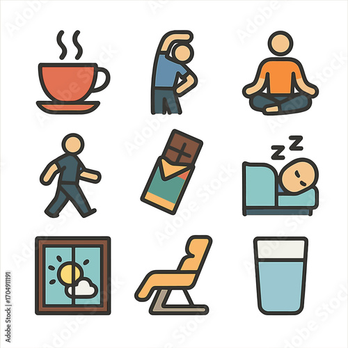 Break Time Icons. Flat icon set of breaks & rest: coffee break, stretch icon, meditate pose, walk icon, snack