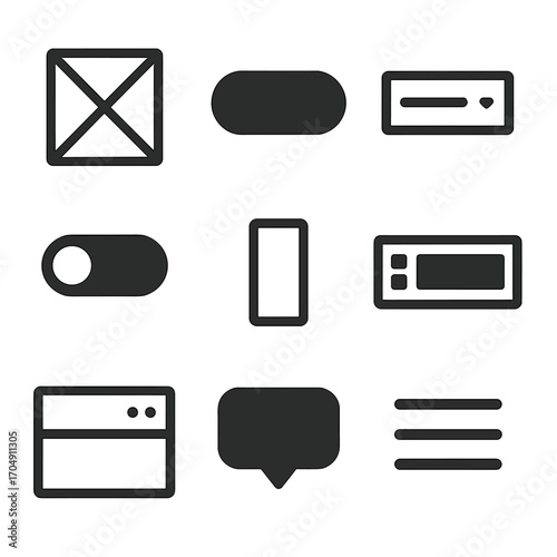 UI Design Tools Icons. Flat icon set of UI design tools: wireframe box, button component, dropdown menu,