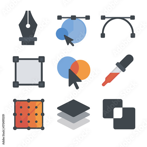 Graphic Design Tools Icons. Flat icon set of graphic design tools: pen tool, vector node, bezier curve,
