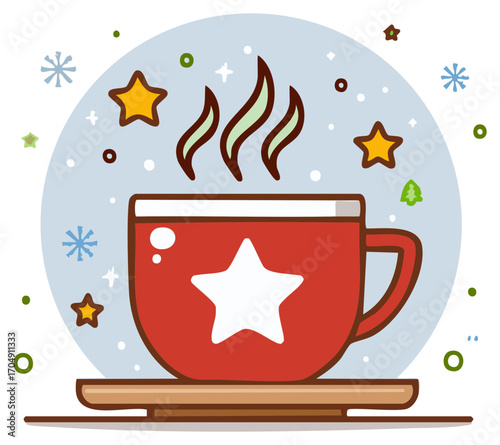 Warm red mug with white star design emits steam amid snowflakes and stars. Festive winter beverage illustration with cartoon aesthetic.