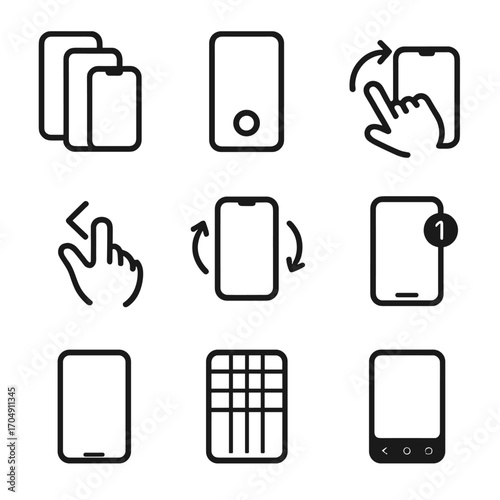 Mobile App Icon Grid. Flat icon set of mobile app design tools: device frames, interaction hotspots, swipe
