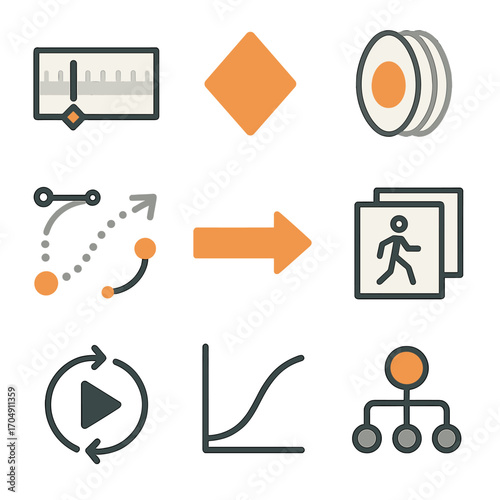 Animation Tools Icons. Flat icon set of animation tools: timeline scrubber, keyframe diamond, onion skin,