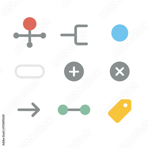 Mind Mapping Icons. Flat icon set of mind mapping tools: central node, branch line, sub-node, label text,