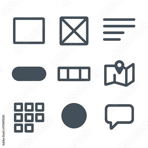 Wireframing Tools Icons. Flat icon set of wireframing tools: rectangle placeholder, X image box, text lines,
