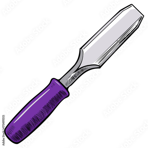 Isolated wood chisel hand tool with a purple handle vector drawing for carpentry