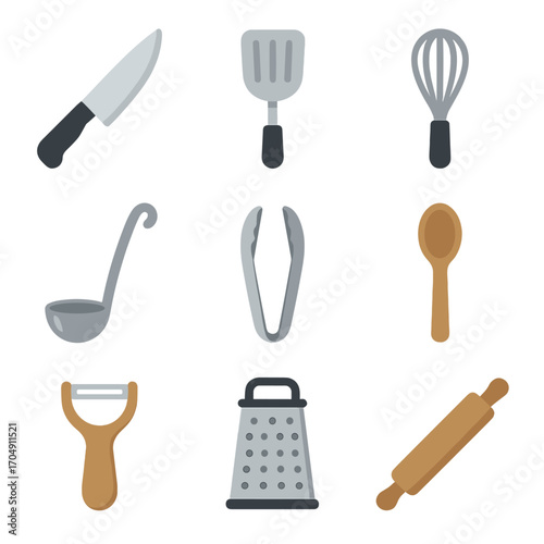 Kitchen Utensil Icons. Flat icon set of kitchen utensils: chef’s knife, spatula, whisk, ladle, tongs, wooden