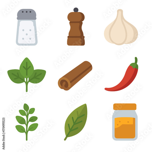 Spice Icons Grid. Flat icon set of spice and seasoning: salt shaker, pepper mill, garlic clove, basil leaves,