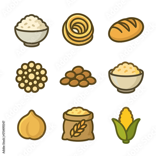 Grains and Pulses Icons. Flat icon set of grains & pulses: rice bowl, pasta swirl, bread loaf, quinoa seed,