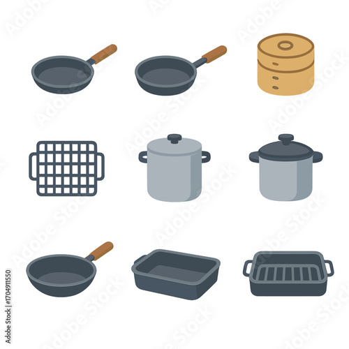 Cooking Methods Icons. Flat icon set of cooking methods: frying pan, sauté pan, steaming basket, grill grate,