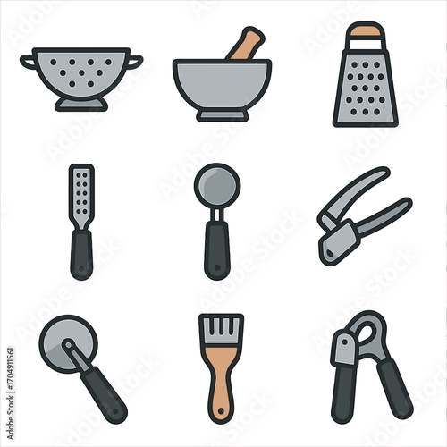 Cooking Utensil Icons. Flat icon set of cooking utensils: colander, mortar and pestle, grater, zester, ice