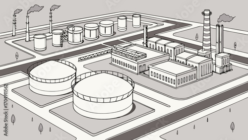 Illustration of industrial factory plant with chimneys, tanks, and buildings for energy production