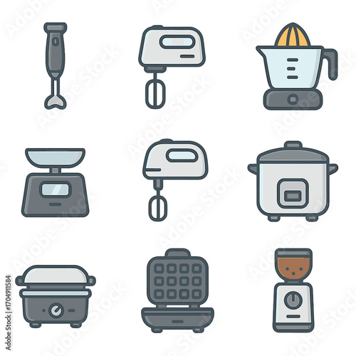 Modern Kitchen Gadgets. Flat icon set of kitchen gadgets: immersion blender, electric mixer, juicer, food