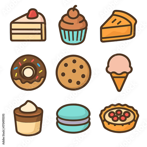 Dessert Icon Set. Flat icon set of dessert icons: cake slice, cupcake, pie slice, donut, cookie, ice cream