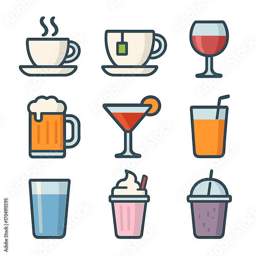Drink Icon Collection. Flat icon set of drinks & beverages: coffee cup, tea cup, wine glass, beer mug,