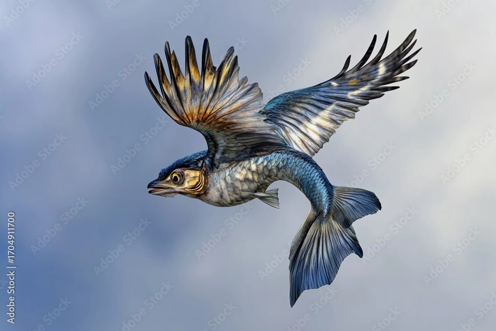 Obraz premium Unique depiction of a fish with wings soaring through a bright blue sky filled with clouds