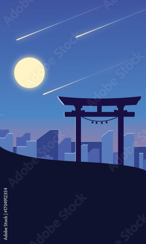 A night scene with a bright full moon, several meteors streaking across the blue sky, the silhouette of a traditional Japanese torii gate, and city buildings in the distance